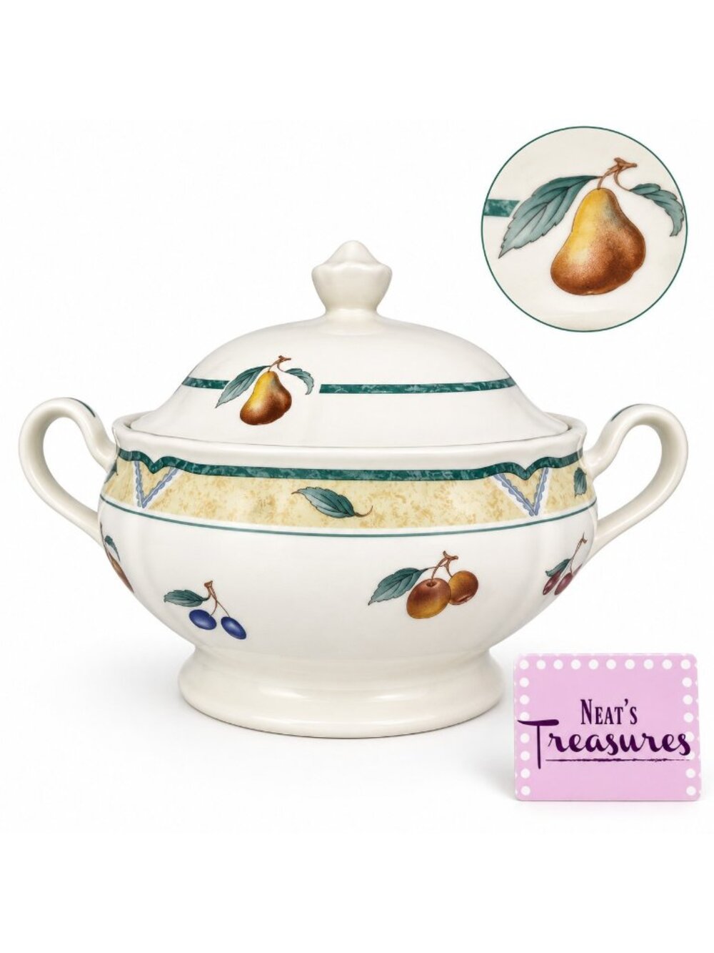 Noritake Homecraft ORCHARD SPRING Fruit Green Ireland Handle Cover Serving Bowl